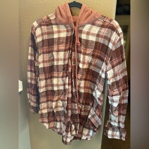 American Eagle Outfitters Pink and Brown Plaid button up shirt with hood